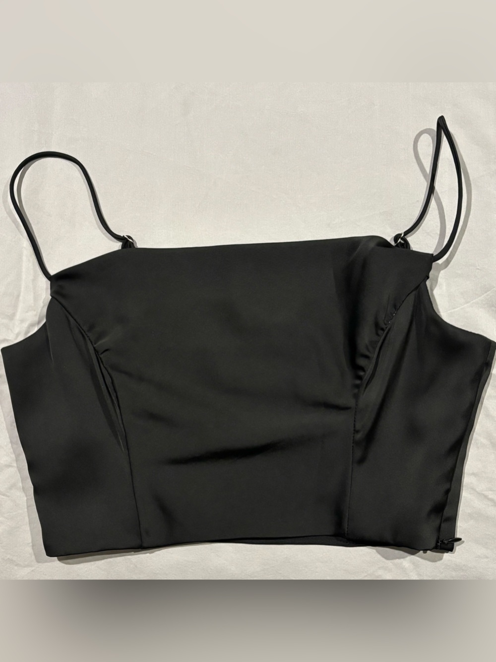emory park Black Satin Crop Top with Thin Spaghetti Straps & Wiring at Bust